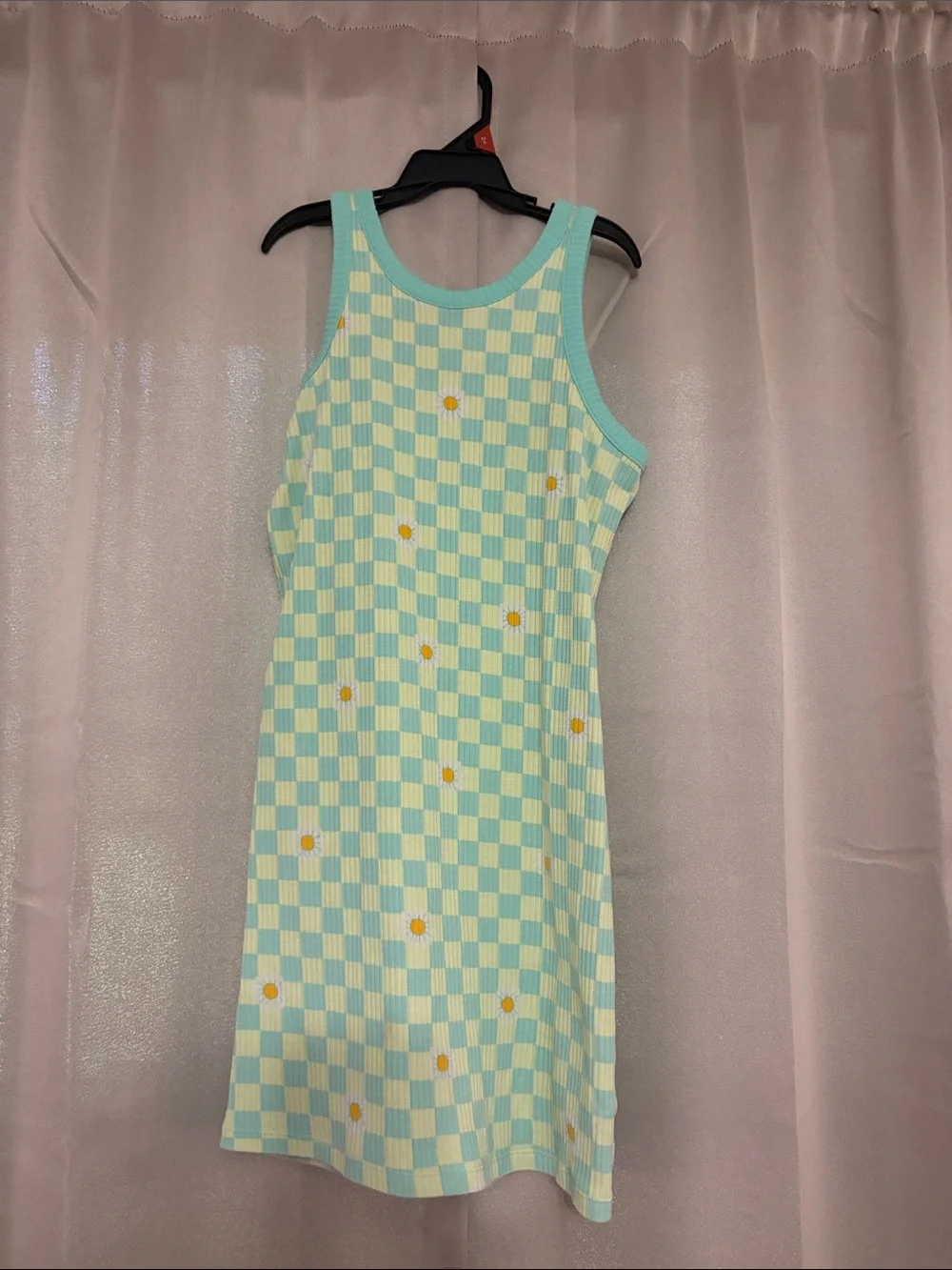 Old Navy Mint Green and Cream Checkerboard Tank Dress with Yellow Daisy Accents